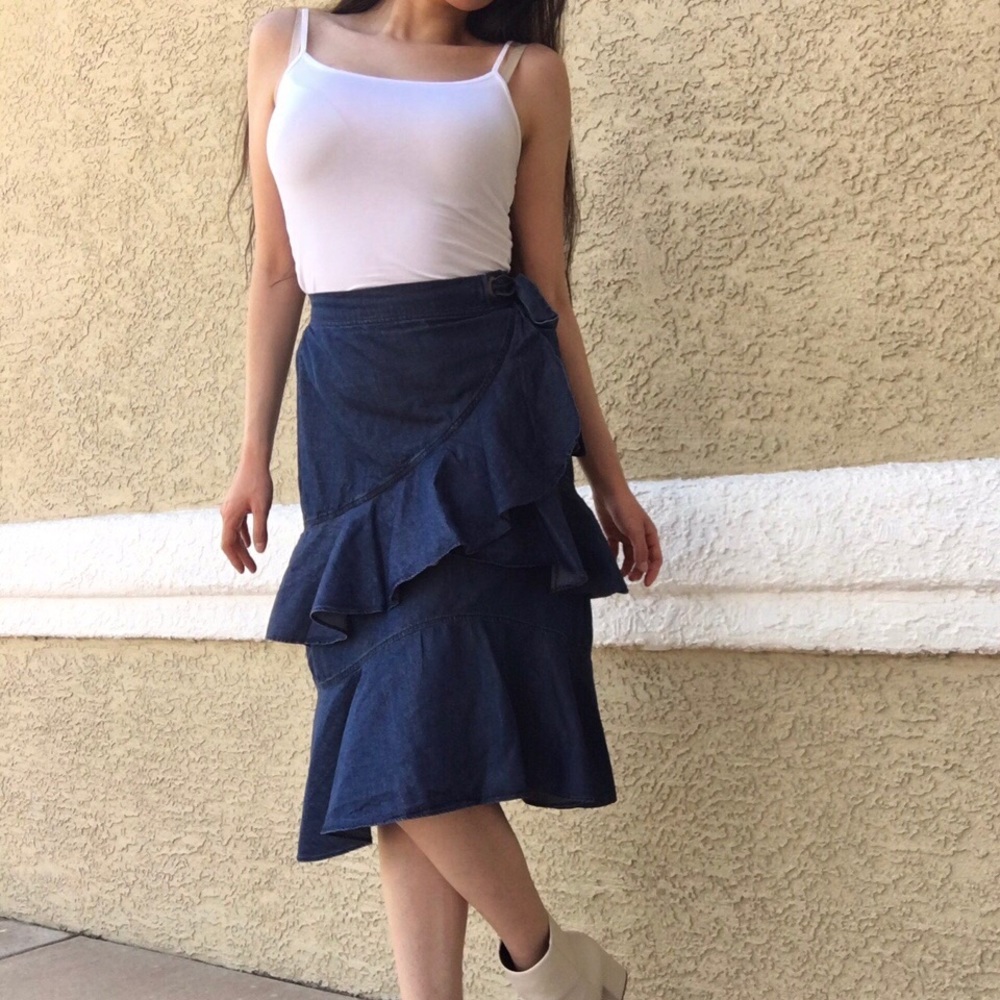 Denim tiered ruffle midi skirt
